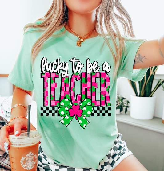 Lucky To Be A Teacher Coquette Bow - St. Patty's - Trendy Tee