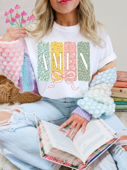 Amen Tee - Women's Casual T-Shirt with Colorful Floral Design and Bow Detail for Comfortable Everyday Wear